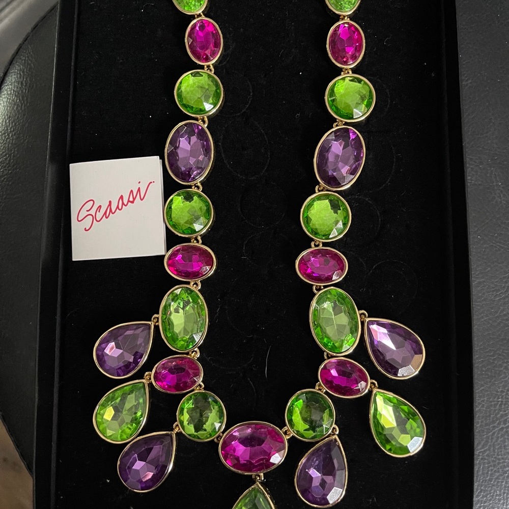 Green and Purple Statement Necklace with Teardrop Gemstones